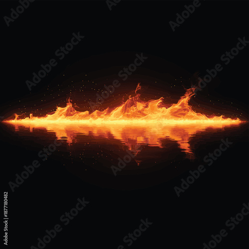 Horizontal blazing fire on reflection surface. 3D Rendering , vector style simple color
