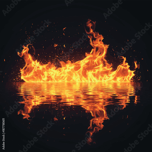 Horizontal blazing fire on reflection surface. 3D Rendering , vector style simple color