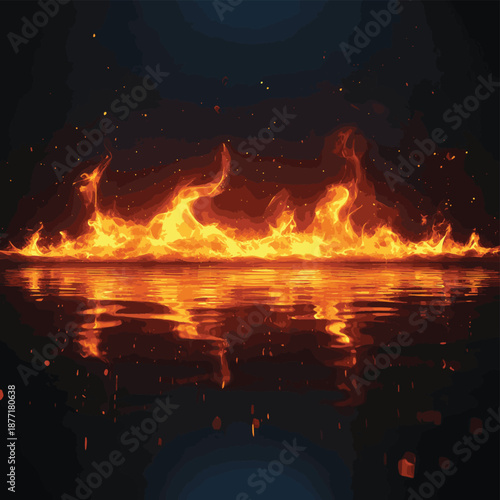 Horizontal blazing fire on reflection surface. 3D Rendering , vector style simple color
