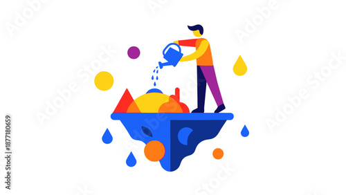 Man Watering Floating Island with Abstract Shapes and Drops