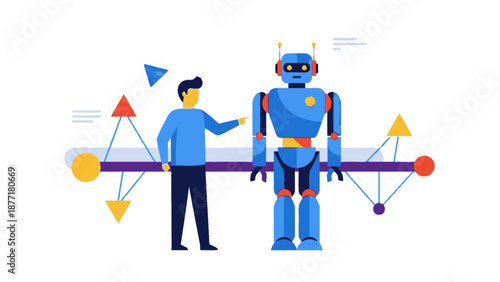 Man Interacting with Advanced Blue Robot and Geometric Shapes