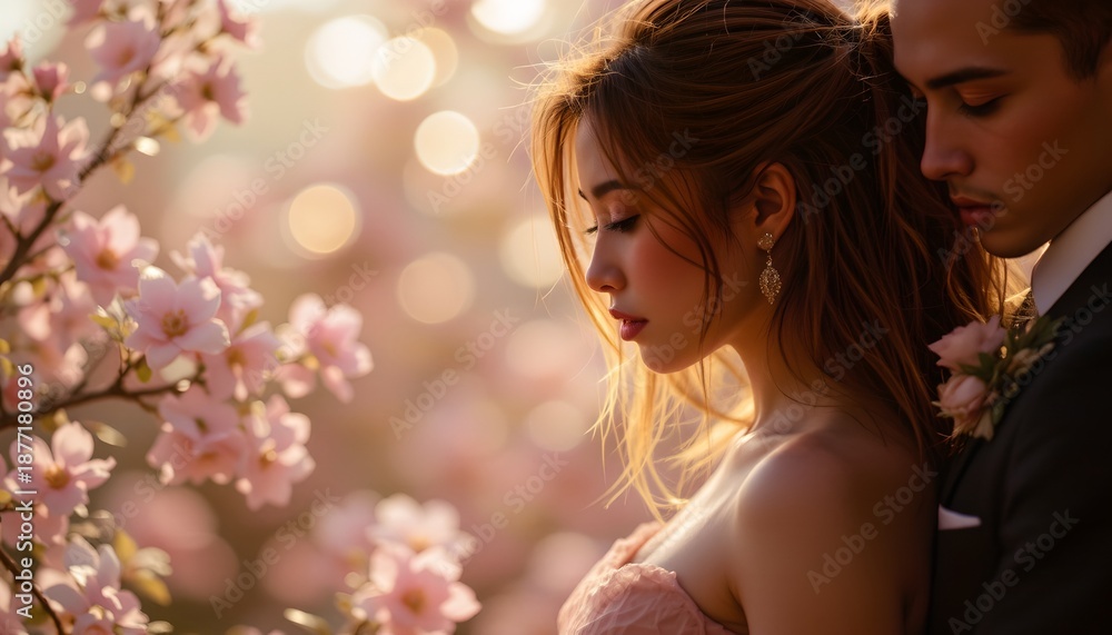 Naklejka premium Romantic Couple Bloom Amid Golden Afternoon Light