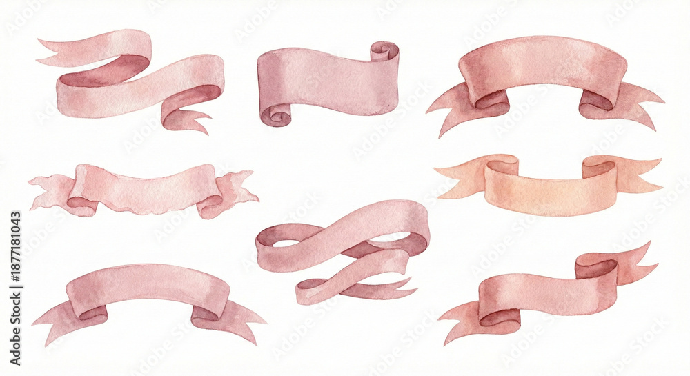 Obraz premium seven different ribbon banner designs, watercolor style, blush pink, dusty rose, soft peach color palette, elegant flowing ribbon banners