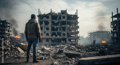 A man stands in a desolate, post-apocalyptic landscape, surrounded by rubble and fire. The scene is bleak and desolate, with a sense of desolation and hopelessness.