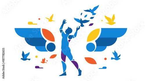 Man Releasing Birds, Abstract Wings and Shapes