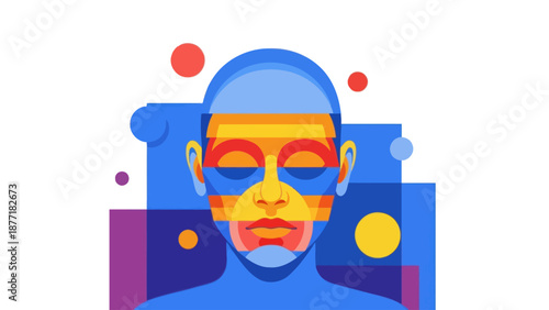 Abstract Geometric Human Face with Colorful Stripes and Circles