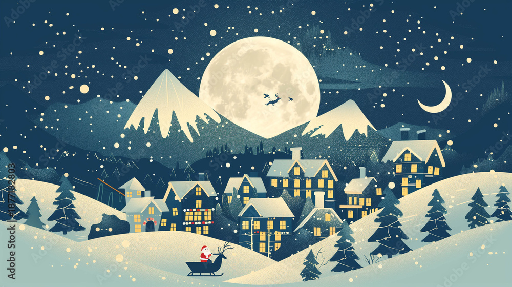 Fototapeta premium Magical winter night illustration of snow-covered village with Santa in sleigh and full moon