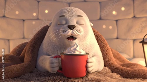 Cute Cartoon Seal Enjoying Hot Chocolate in Cozy Igloo Winter Scene