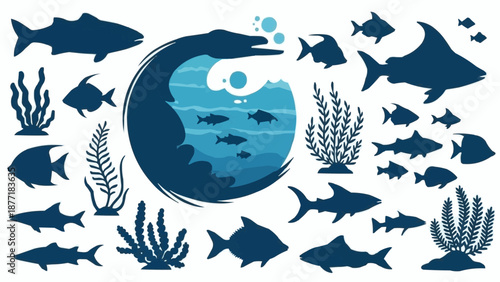 Collection of marine life and underwater elements in silhouette.