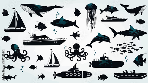 Collection of marine life and watercraft illustrations.