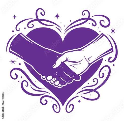 Purple heart with hands shaking inside surrounded by decorative swirls and stars