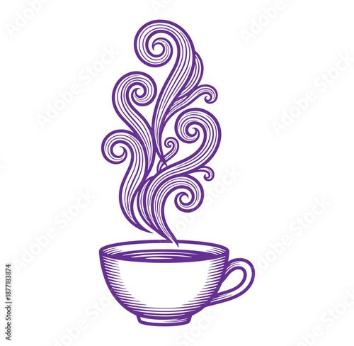 Purple illustration of a steaming cup of coffee or tea with swirling steam rising  hot beverage concept