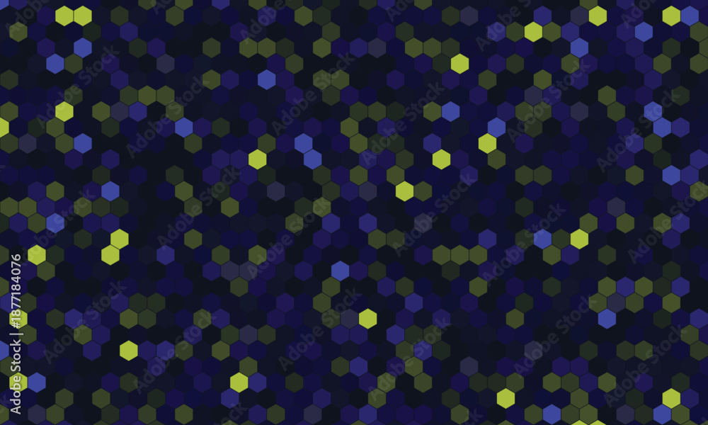 Abstract hexagonal bokeh pattern featuring blurred blue yellow and green shapes on a dark background ideal for technology and data concepts