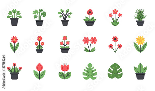 Plant flat vector icon set minimal cartoon botanical symbols isolated on transparent background