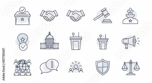 Collection of political and legal icons representing democracy and justice.