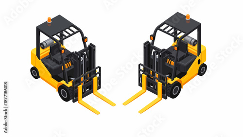 Two yellow forklifts facing opposite directions with forks extended on a white background, viewed from a high angle