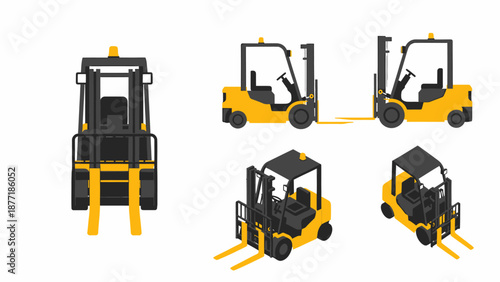 Multiple isometric and flat views of a yellow forklift, an industrial vehicle used for lifting and transporting goods in warehouses and construction sites.