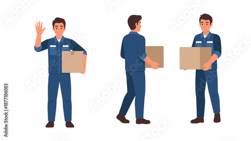 A man in a blue uniform holding a cardboard box in three different poses: waving, walking, and standing.