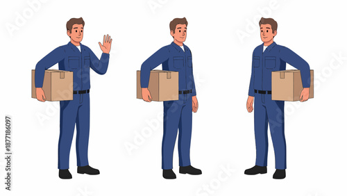Three illustrations of a delivery man in a blue uniform holding a cardboard box, with one waving.