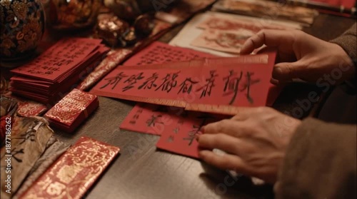 Close-up of hands holding red envelopes with Chinese calligraphy on a table