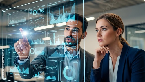 Business professionals analyzing data on futuristic screen