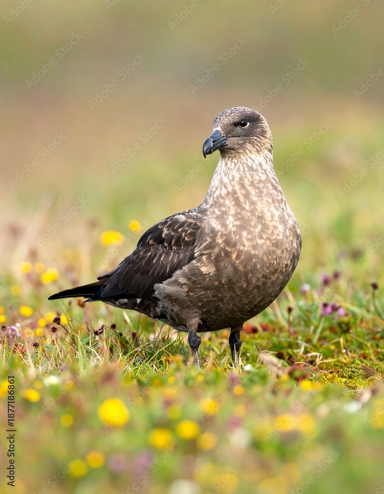Obraz premium Bird portrait amidst colorful wildflowers, soft focus background