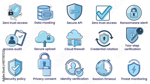 Icon set focused on Cybersecurity and data privacy.two-factor authentication, firewall, encryption, cloud security, data breach alert, zero trust.