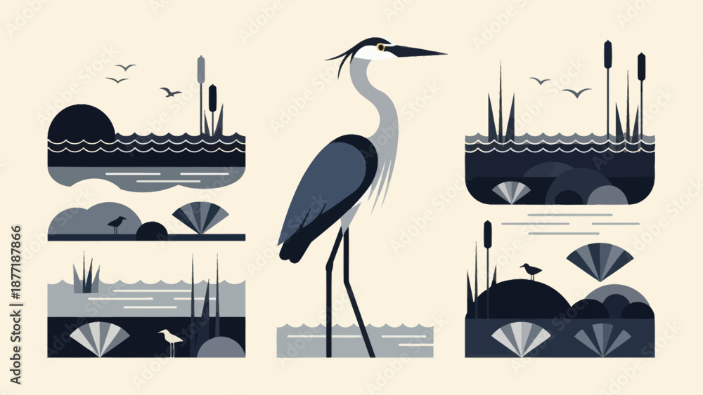 Αυτοκόλλητο Great Blue Heron and Wetland Scenes Minimalist Vector Art