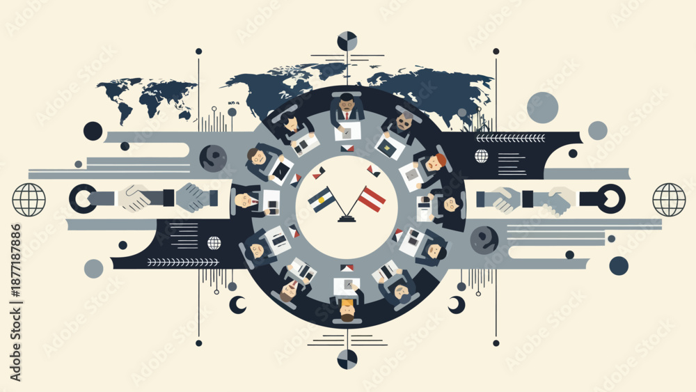 Obraz premium Global Business Meeting with World Map and Handshake Icons