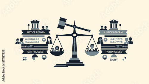 Balance Scales of Justice with Court Buildings and People Icons
