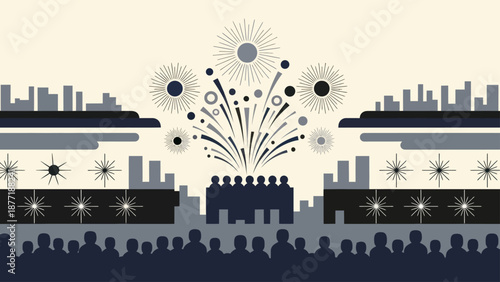 Celebration Crowd Watching Fireworks Over Silhouetted Cityscape