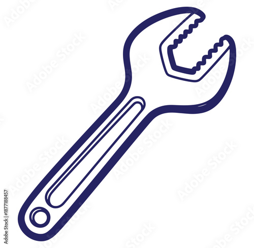 Dark blue outlined adjustable wrench tool isolated on white background for repairs