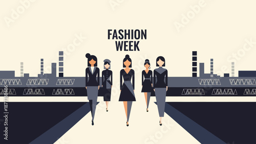Fashion Week Runway Show with Models and Cityscape Background