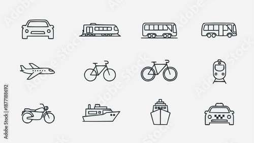 Collection of hand drawn transportation icons in a doodle style.