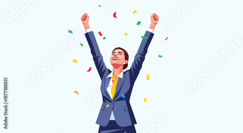 Victorious businesswoman rejoices with arms raised amidst celebratory confetti shower achievement