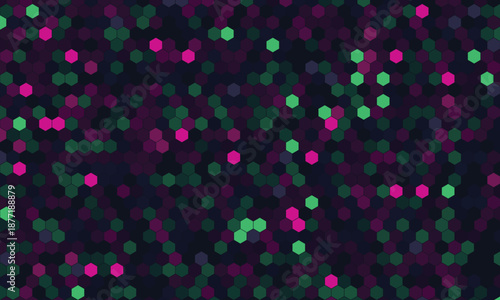 Abstract hexagonal pattern with vibrant green and pink bokeh effect on a dark background ideal for technology data or futuristic designs