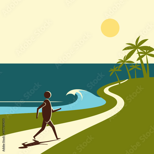 Man walking on a coastal path with ocean waves and palm trees.