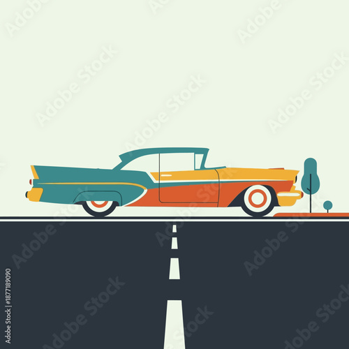 Vintage Car Illustration on Roadside with Trees.