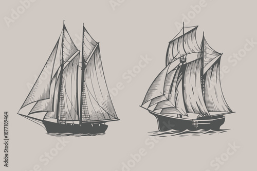Retro Sailboat in the sea illustration. Seagoing vessel, marine ship or nautical caravel. water transport in the ocean for sailor and captain. Eps 10
