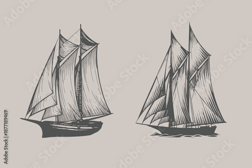 Retro Sailboat in the sea illustration. Seagoing vessel, marine ship or nautical caravel. water transport in the ocean for sailor and captain. Eps 10