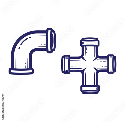Hand drawn illustration of plumbing fittings elbow and cross design elements on white background