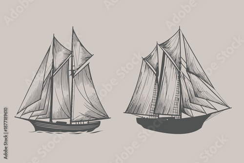 Vintage Sailboat in the sea vector illustration. sea, summer adventure, active vacation. Seagoing vessel, marine ship or nautical caravel. Eps 10