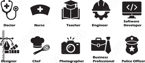 Collection of black and white icons representing various professions and careers, including doctors, nurses, teachers, engineers, and chefs, suitable for professional and educational contexts