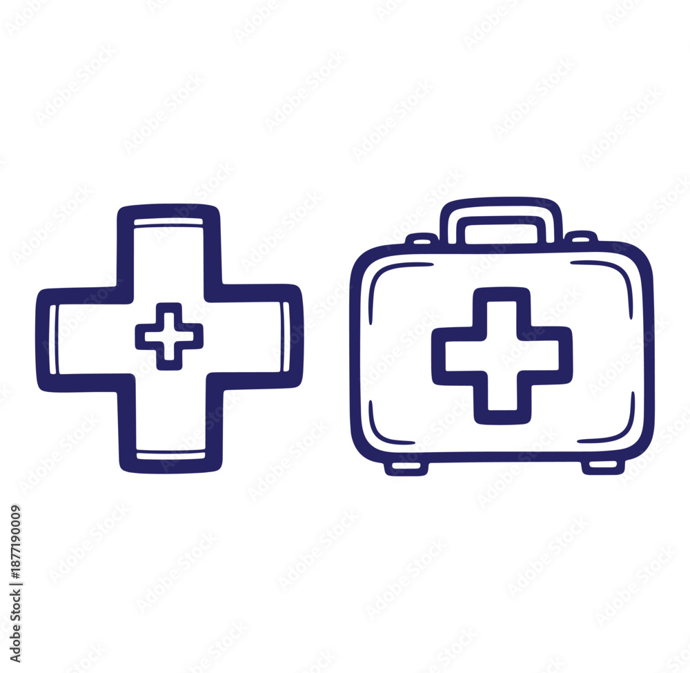 Fototapeta premium Hand-drawn medical icons featuring a plus sign symbol and a first aid kit illustration.