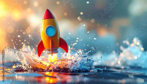Cartoon rocket blasting off from water, creating splashes and a sunrise
