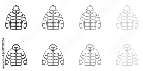 puffy jacket outerwear line icon vector set, winter clothing jacket vector outline icon illustration