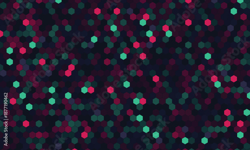 Abstract hexagonal pattern with scattered pink and teal shapes on a dark background perfect for modern digital design and technology concepts