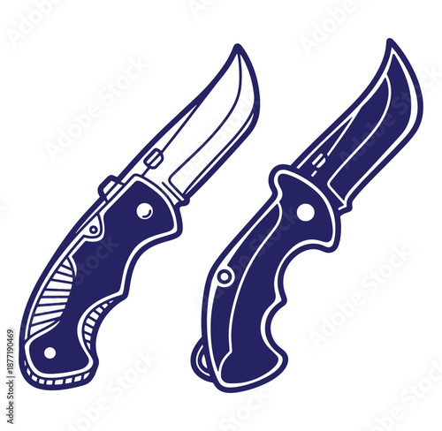 Illustrated vector artwork of two pocket knives in dark blue outline on a white background.