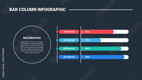 bar column infographic process diagram with big circle and horizontal bar with percentage data with dark background bright outline style 4 points