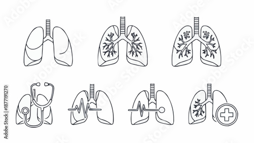 Collection of medical icons representing human lungs and healthcare symbols.